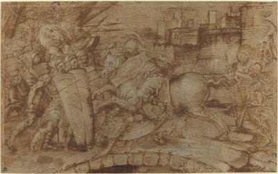 Horatius Cocles Verdedigt Rome door Italian 16th Century or Master of the Victoria and Albert Diableries