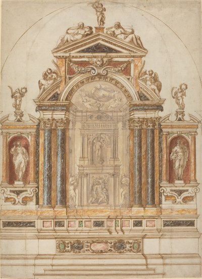 Een Uitgebreid Altaar van Gekleurd Marmer Versierd met Beelden door Italian 17th Century