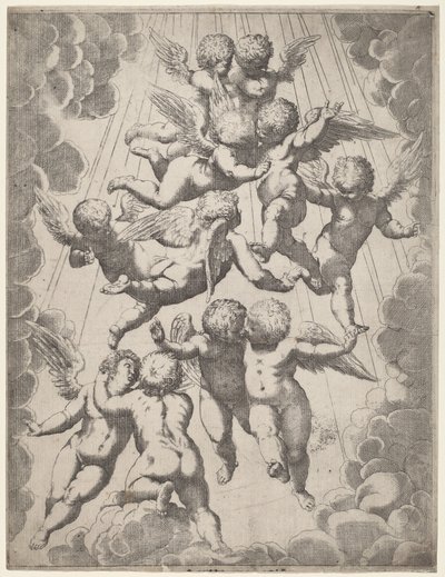 Een groep engelen in glorie door Italian 17th Century, after Guido Reni, after Luca Cambiaso
