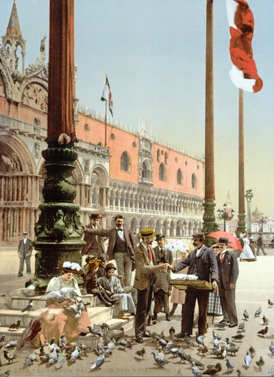 Duiven voeren op het San Marcoplein, Venetië, ca. 1900 door Italian Photographer