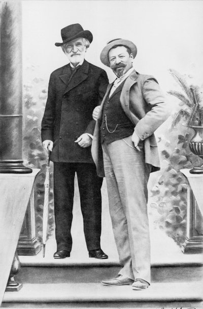 Giuseppe Verdi, Italiaanse componist (1813-1901), en tenor Francesco Tamagno (1850-1905) in Montecatini aan het einde van de 19e eeuw. door Italian Photographer