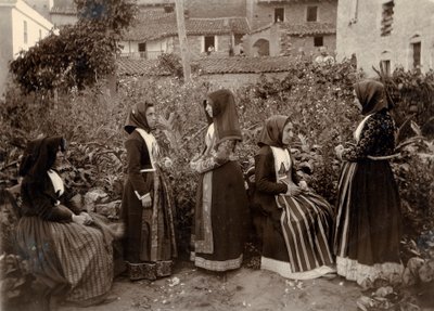 Groep vrouwen in traditionele kostuums in tuin, Sardinië, Italië door Italian Photographer