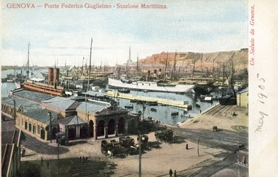Ponte Federico Guglielmo en veerbootterminal, Genua door Italian Photographer