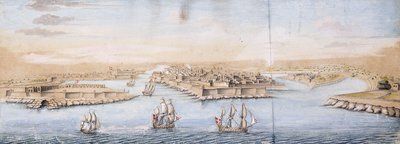 Een Vogelvlucht van Valetta vanaf de Zee, met Oorlogsschepen die de Haven binnenvaren door Italian School