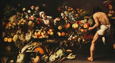 Een voorraadkast gevuld met groenten, bloemen en fruit door Italian School