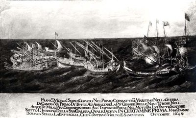 Een zeeslag tussen de Venetiaanse vloot onder generaal Francesco Morosini tegen de Turken voor de kust van Kreta, oktober 1645 door Italian School