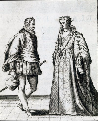 Een paar van de Italiaanse adel. Gravure uit Il ballarino (of Il ballerino) over de dans van de dansmeester Fabritio Caroso (1527/1535-1605/1620) door Italian School