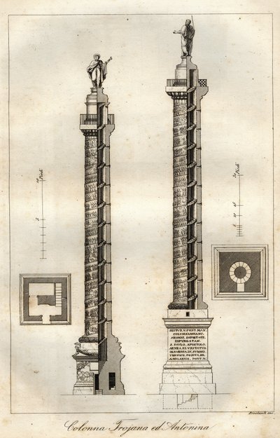 Een doorsnede diagram van de Zuil van Trajanus (113 CE) en de Zuil van Antoninus Pius (161 CE) in Rome - gravure uit 