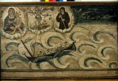 Een vissersboot vlucht voor de storm. Ex voto uit de 17e eeuw uit de kerk van de Madonna dell