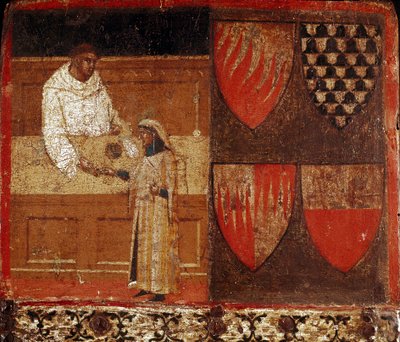Een belastinginner en een belastingbetaler Anoniem schilderij op hout dat een Biccherna (omslag van het boekhoudregister van de stad Siena) uit 1340 decoreert. Nationaal Archief - Museo delle Tavolette de Bicherna, Siena. door Italian School