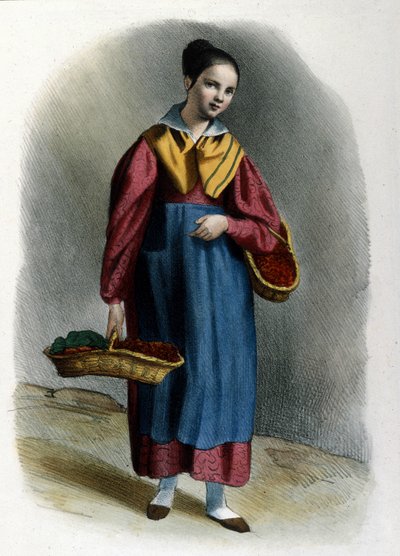 Een jonge zwervende aardbeienverkoopster. Milanese beroep gravure van Locarno uit 1830. door Italian School