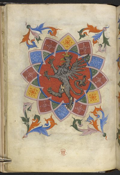 Add. 21965, f.5v Heraldisch figuur: Een griffioen, Statuten van het Gilde van Kleermakers, uit 