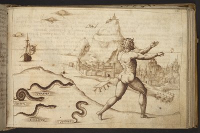 Slangen die een menselijke figuur achtervolgen, uit Historia Animalium door Italian School