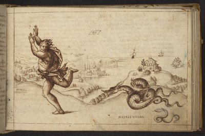 Menselijke figuur achtervolgd door slangen, uit Historia Animalium door Italian School