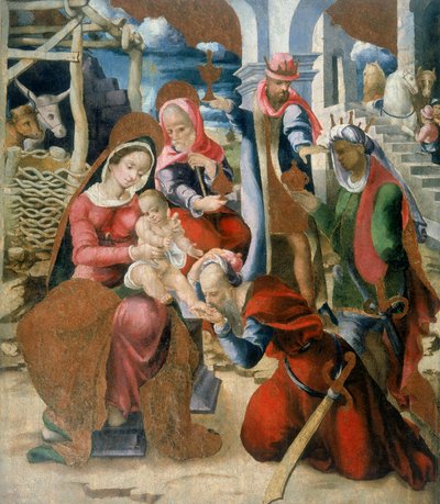 Aanbidding der Wijzen, paneel van het ontmantelde retabel van de Kerk van Santa Maria degli Angeli in Bortigali, Sardinië door Italian School