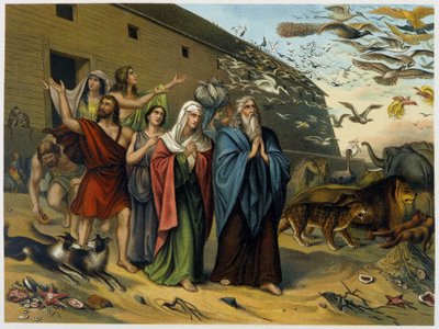 Na de zondvloed, Noach, zijn familie en dieren komen uit de ark - in 