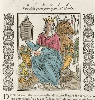 Allegorie van Europa in de vorm van een rijk geklede vrouw, gekroond, omringd door hoorns van overvloed. Plaat uit 