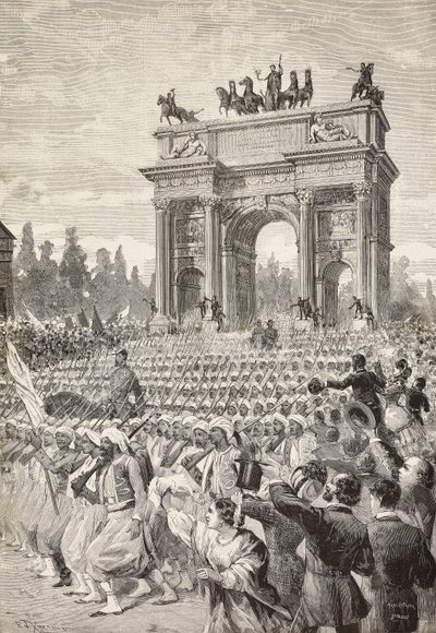 Geallieerde troepen betreden Milaan door de Vredesboog, 7 juni door Italian School
