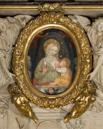 Altaar van St. Eusebius, Fresco Onze-Lieve-Vrouw van Vrede 15e Eeuw, Ingezet in het frame met Engelen in 1622 door Italian School