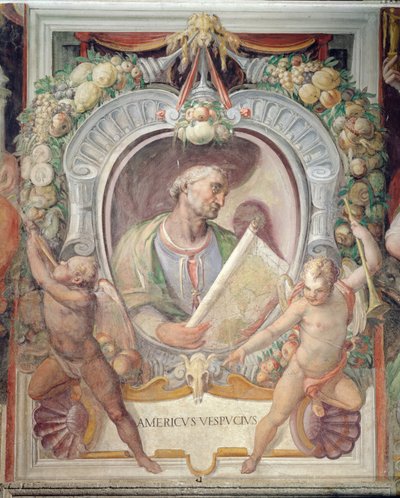 Amerigo Vespucci, in de Sala del Mappamondo door Italian School