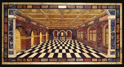 Een Italiaanse pietra dura ingelegde marmeren tafelblad met een interieurtafereel van een terugwijkende galerij met arcades door Italian School