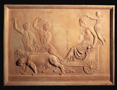 Een Italiaanse terracotta reliëfpaneel met de Triomf van Ariadne, getoond in Bacchus