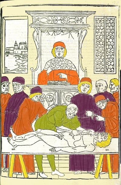 Anatomische dissectie. Gravure uit een Verhandeling over Geneeskunde door Gerolamo Cardano (Cardano) (Cardanus Hieronymus), Florence door Italian School