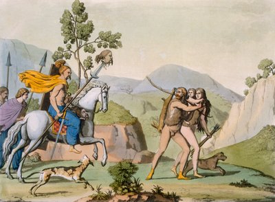 Oude Keltische krijgers op een strooptocht ontmoeten een stel op jacht door Italian School