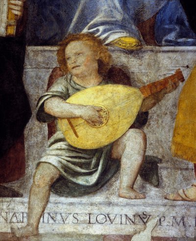 Engel muzikant die luit speelt. Detail van een 17e-eeuwse fresco uit een kerk in Milaan. door Italian School