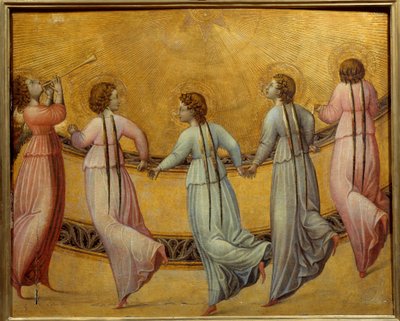 Engelen dansen voor de zon. Ronde van engelen op gouden achtergrond die handen vasthouden door Italian School