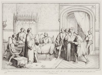 Antonio Condulmero weigert de gouden ketting die hem door de koning van Frankrijk is gestuurd, voordat hij vertrekt (gravure) door Italian School