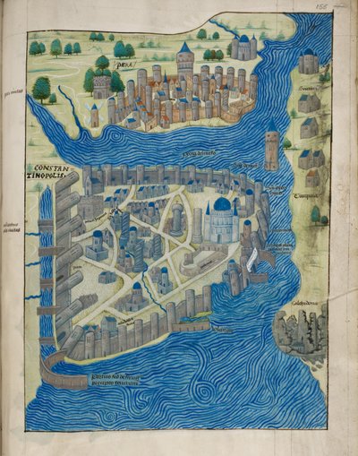 Arundel 93 fol.155 Kaart van Constantinopel en Pera, uit 