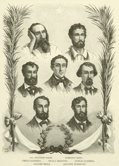 Avv Anacarsi Nardi, Domenico Moro, Emilio Bandiera, Nicola Ricciotti, Attilio Bandiera, Giacomo Rocca, Giovanni Venerucci (gravure) door Italian School
