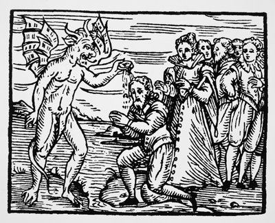 Doop door de duivel, kopie van een illustratie uit Compendium Maleficarum door Fr M Guaccius, Milaan 1608, gebruikt in History of Magic, gepubliceerd eind 19e eeuw door Italian School