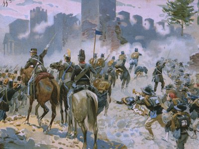 Slag bij Solferino en San Martino, 24 juni 1859, illustratie uit een album over de geschiedenis van Risorgimento gemaakt voor de chocolade Talmone, eind 19e eeuw door Italian School