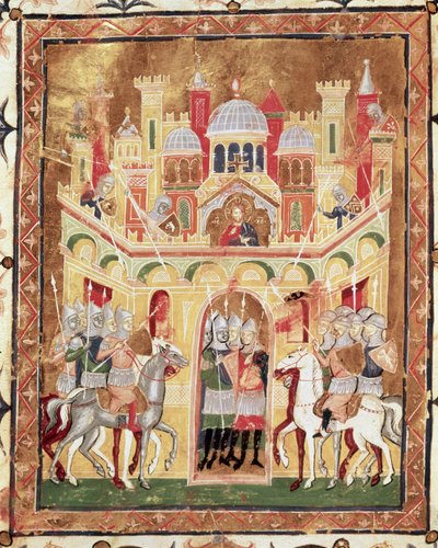 Slag bij de muren van Jeruzalem, uit Descriptio Terrae Sanctae door Burcardus Theutonicus of Burchard van Mount Sion door Italian School