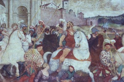 Slagveldscène buiten de stadsmuren, ca. 1460 door Italian School