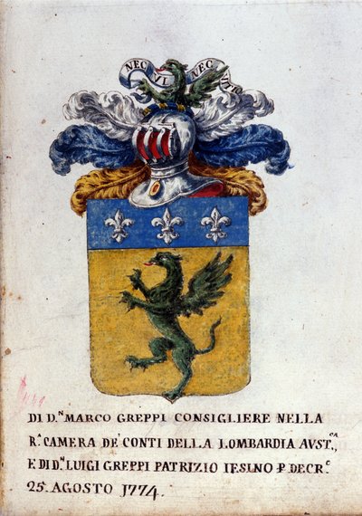 Wapen van de familie Greppi uit Milaan, helm, lelies en draak. 18e eeuw Staatsarchief van Milaan door Italian School