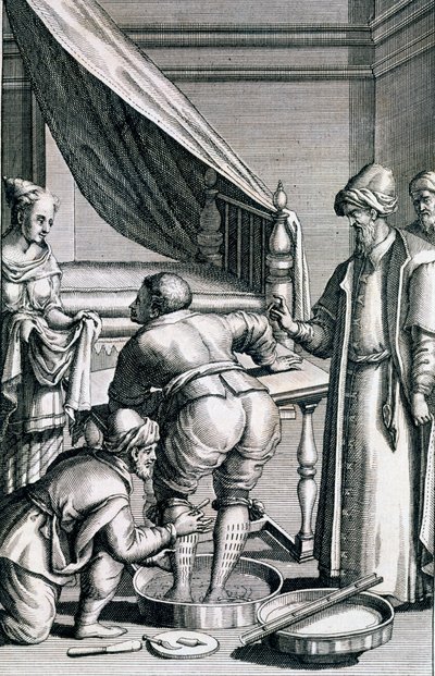 Bloedafname in de benen, uit Medicina Aegyptiorum door Prospero Alpini, gepubliceerd 1745 door Italian School