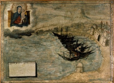 Boten kunnen stranden aan de kust. Ex voto uit de 17e eeuw van de Kerk van de Madonna dell