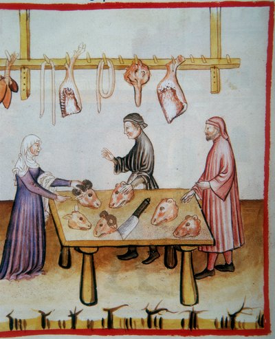 Slachten van dierenkoppen. Verlichting uit de Codex Vindobonensis Series Nova 2644 (fol.76v), Tacuinum Sanitatis door Italian School