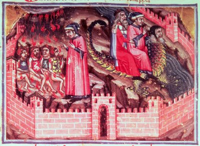 Canto XVII Vier Sodomieten: Dante en Vergilius rijden op de rug van Geryon in de Cirkel van de Bedriegers, uit de Goddelijke Komedie (de Inferno), ca.1313 door Italian School