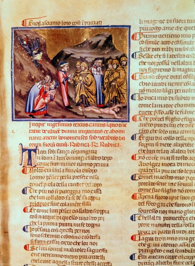 Canto XXIII Dante en Vergilius in de Cirkel van de Huichelaars, met Kajafas gekruisigd op de grond, uit de Goddelijke Komedie (de Inferno), ca.1313 door Italian School
