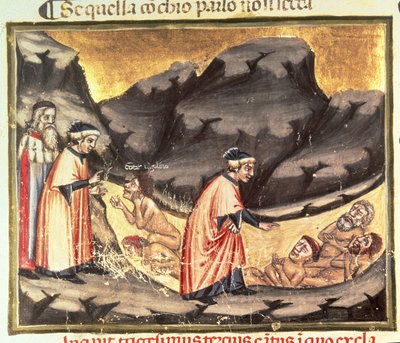 Canto XXXIII Dante en Vergilius ontmoeten Ugolino in de Cirkel van de Verraders, uit de Goddelijke Komedie (de Inferno), ca.1313 door Italian School