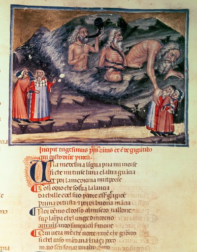 Canto XXXI Dante en Vergilius en de drie Reuzen in de Verloren Cirkel, uit de Goddelijke Komedie (de Inferno), ca.1313 door Italian School