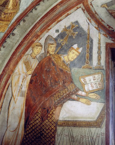 Kardinaal Ugolino di Ostia (later paus Gregorius IX), wijdt de kapel in, St. Gregoriuskapel, c.1224 door Italian School