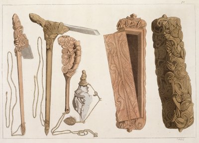 Gesneden en versierde Aboriginal gereedschappen, illustratie uit een collectie vroege 19e-eeuwse reisboeken door Italian School