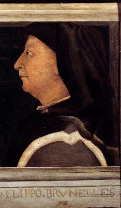 Cassone met 5 portretten van de Meester van de Florentijnse Renaissance (detail) met het portret van Brunelleschi Filippo (1377-1446). Italiaanse school van de 16e eeuw. De inscriptie hieronder is waarschijnlijk later toegevoegd. Musee du Louvre, Parijs. door Italian School