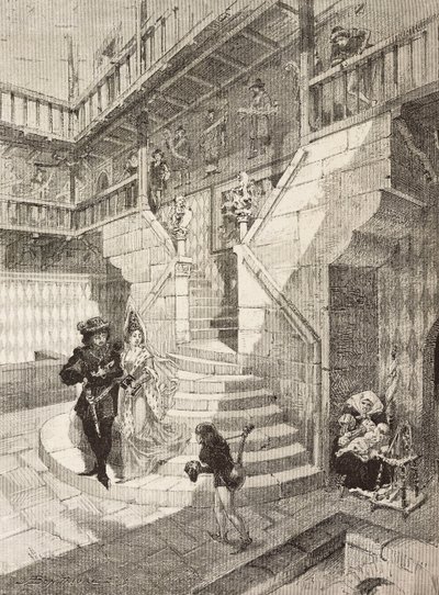 Kasteel binnenplaats, middeleeuws dorp in Turijn, Italië, gravure door Bonamore uit L
