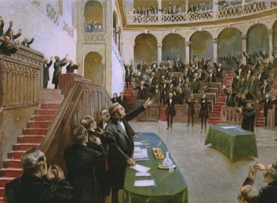 Cavour laat het eerste Italiaanse nationale parlement koning Victor Emmanuel II (1820-78) toejuichen op 18 februari 1861, illustratie uit een album over de geschiedenis van Risorgimento gemaakt voor de chocolade Talmone, eind 19e eeuw door Italian School
